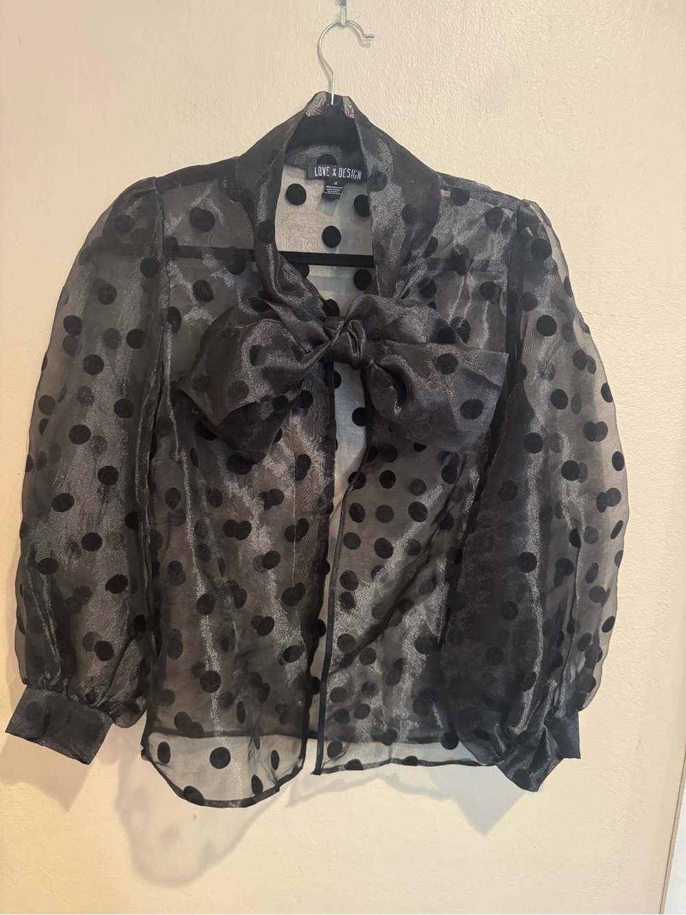 Black Polka Dot Sheer Bow Blouse /Open Jacket